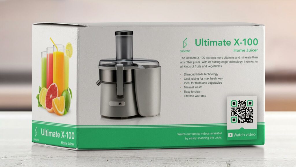 QR Code on product packaging prompting people to scan and watch a tutorial about the juicer