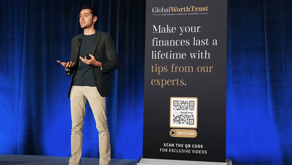 A Video QR Code on a networking conference poster prompting people to scan for exclusive videos