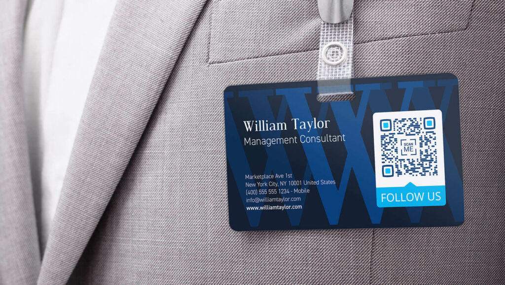 A Social Media QR Code on an employee's ID badge prompting people to scan and follow the company's social media