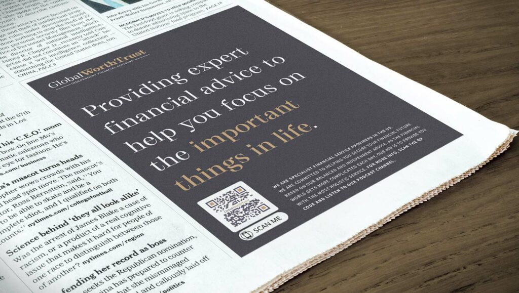 An MP3 QR Code in a financial company's newspaper ad prompting readers to scan and listen to their podcast channel