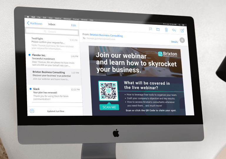 A QR Code in an email that promotes attending an upcoming webinar