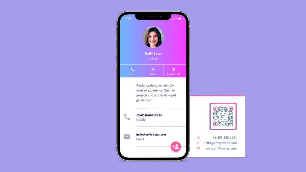 A vCard Plus QR Code on a business card and the landing page with contact information once scanned