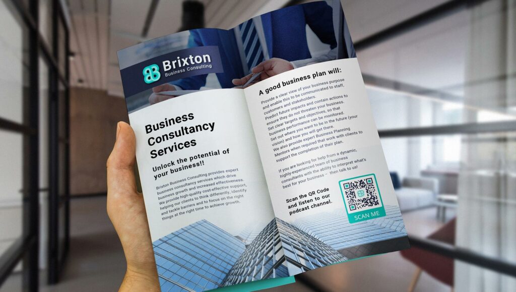Dynamic URL QR Code in a business consultancy's brochure prompting people to scan and listen to their podcast