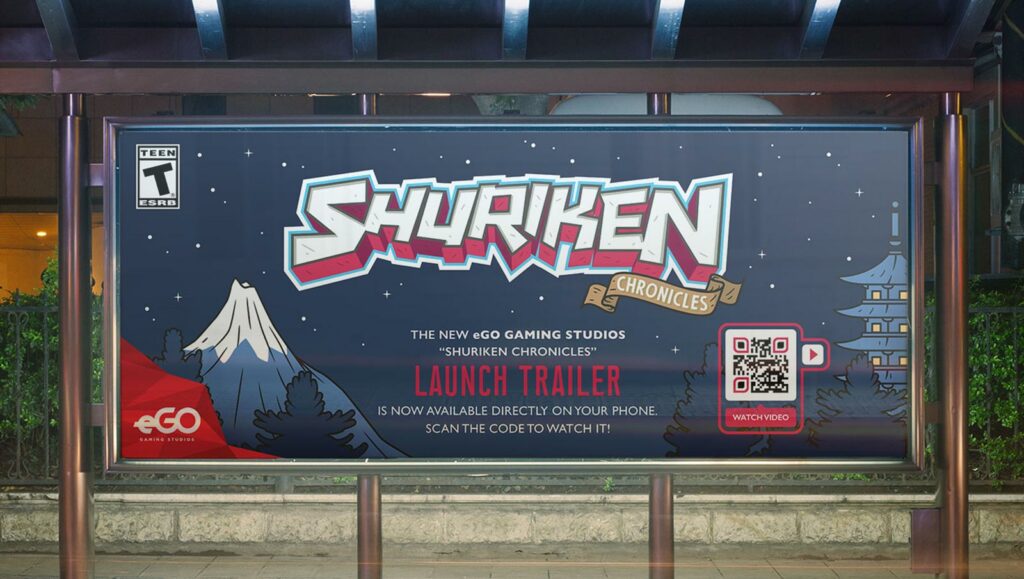Video QR Code on a video game poster ad prompting people to watch the trailer for a new game