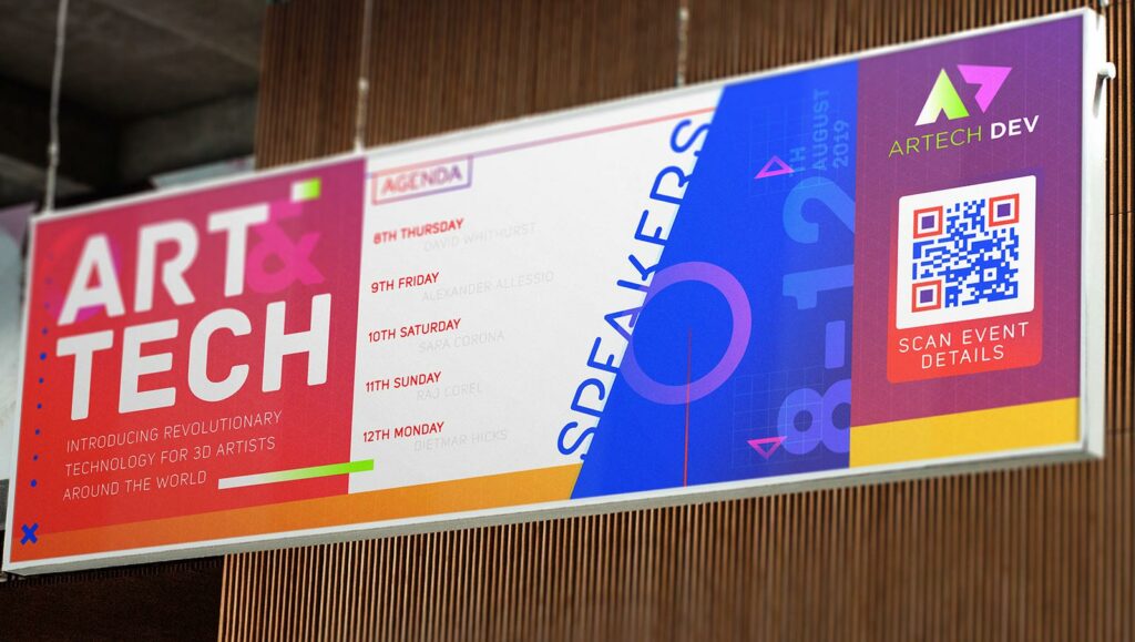An Event QR Code on a poster for a networking conference for artists prompting people to scan for event details