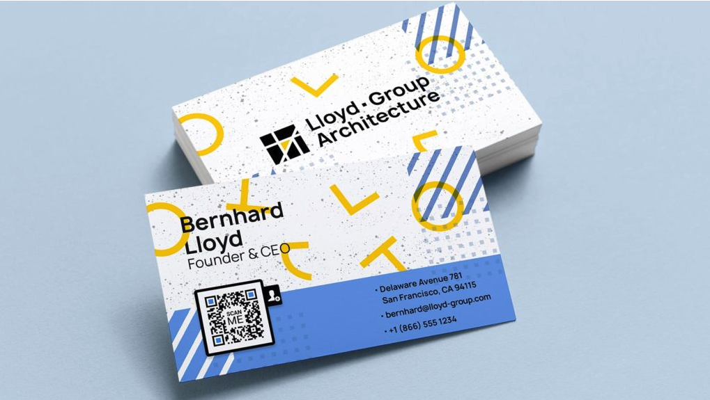 A vCard QR Code on a business card prompting people to scan and save the contact info