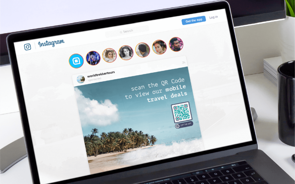 A travel agency promotes their mobile travel deals on Instagram using an App QR Code.