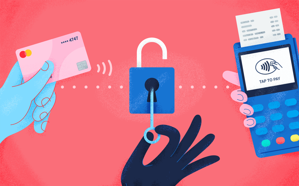 A cartoon depiction of someone using a card to unlock a fake lock and gain the ability to make a purchase with Tap to Pay