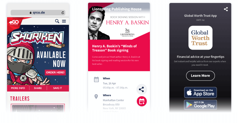 Three different mobile-friendly custom QR Code landing pages