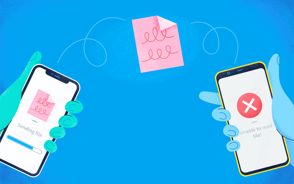 A cartoon depiction of one smartphone digitally sharing a document to another smartphone, but the second smartphone is unable to open the document