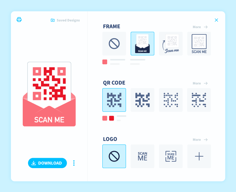 QR Code customization panel.