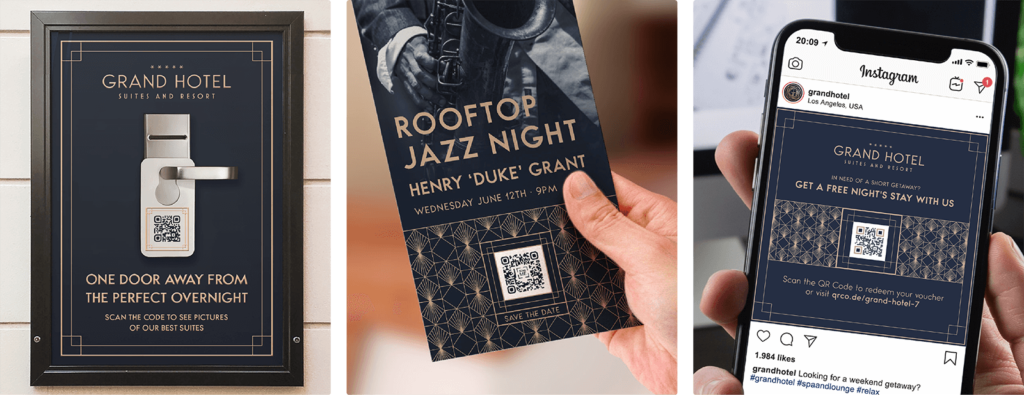 Examples of QR Codes on different size print materials, including a sign on the wall, a pamphlet, and on the Instagram app