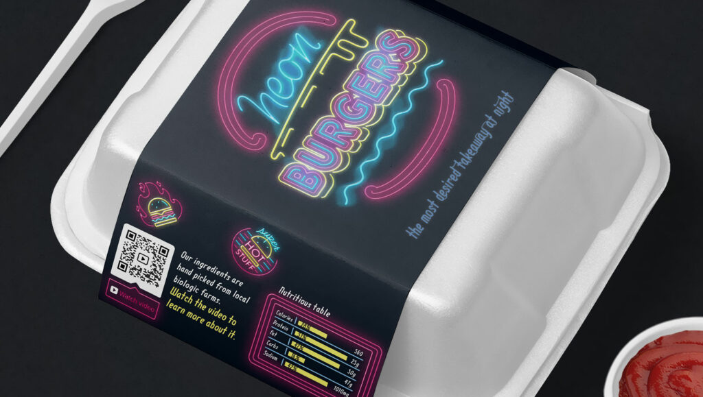 Video QR Code on a restaurant's to-go packaging prompting people to scan and watch a video about how their ingredients are picked.