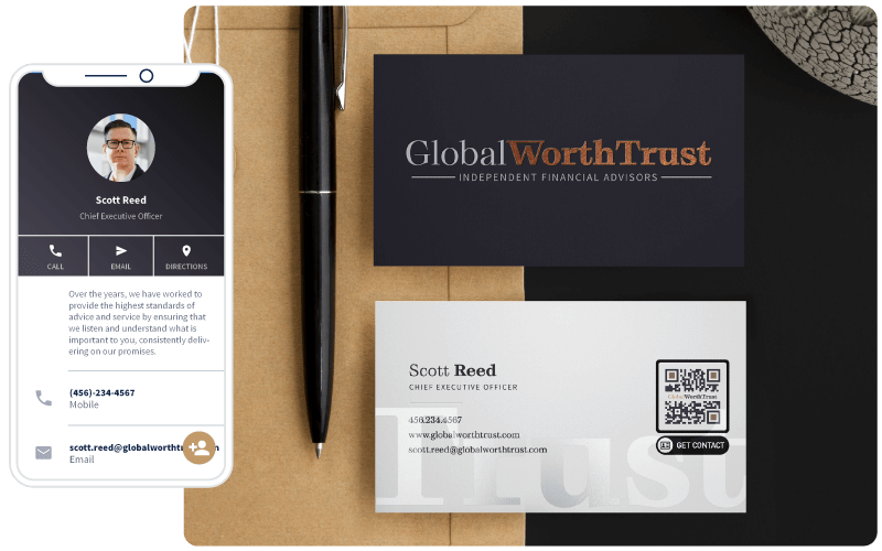 A QR Code on a business card prompting people to scan to get the contact, and the mobile-friendly details once scanned