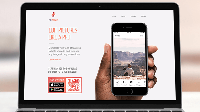 A QR Code on a picturing editing website prompting people to scan to download the app on their device