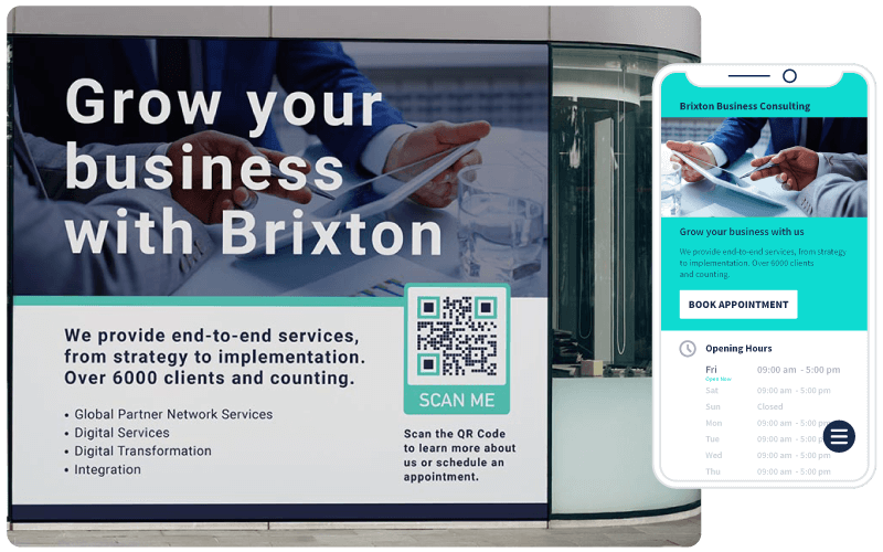 A QR Code on a window display prompting people to scan to learn more or schedule an appointment and a visual of the landing page once scanned