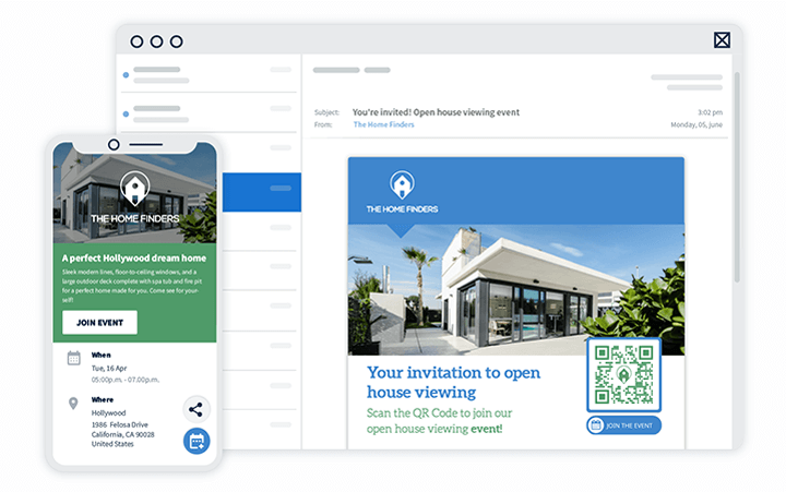 A QR Code in an email campaign prompting people to scan to join the house viewing event, and the mobile-friendly event landing page