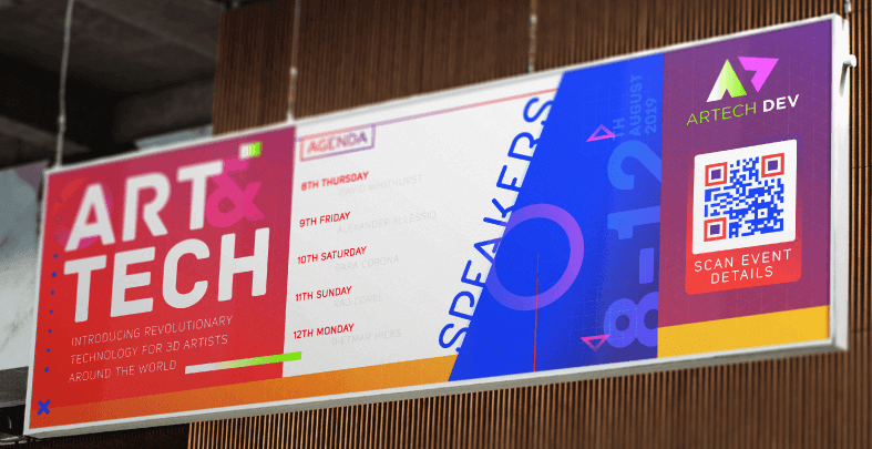 A large sign for an Art and Tech event with an Event QR Code on it prompting potential attendees to scan for event details.