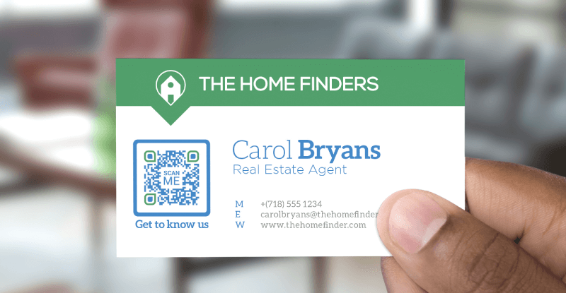 QR Code on a real estate agent's business card prompting people to scan and get to know the company