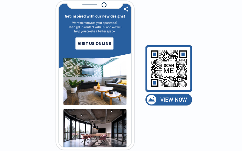 An interior design portfolio page and its accompanying QR Code.