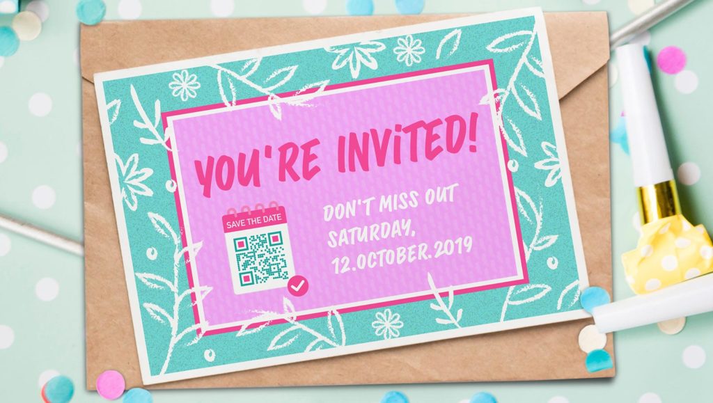 A birthday invitation sent in the mail features a QR Code in the bottom left corner that enables scanners to save the date as a reminder for the upcoming party