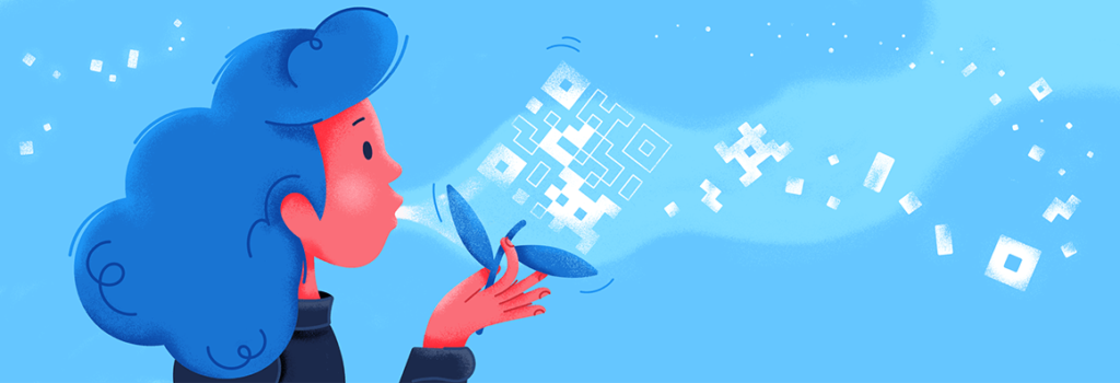 person blowing on QR code growth