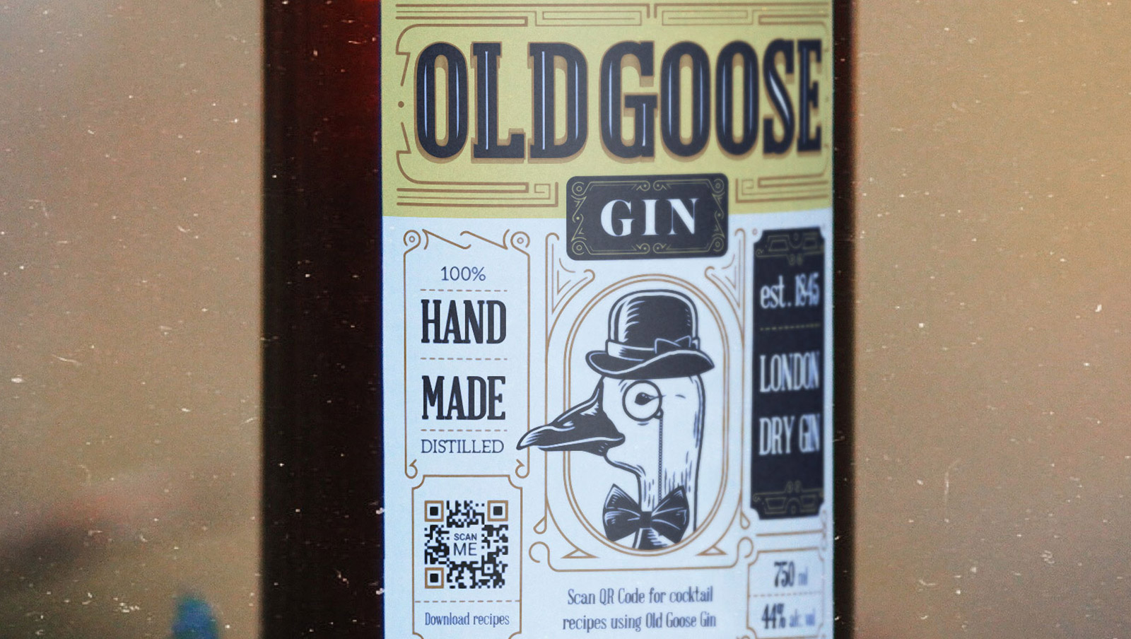 A close up of a bottle of Old Goose gin with a QR Code