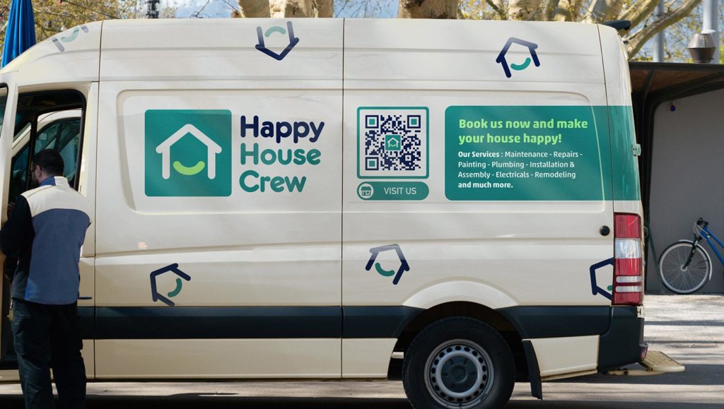 A work van with a large branded QR Code on the side that leads users to the company's landing page