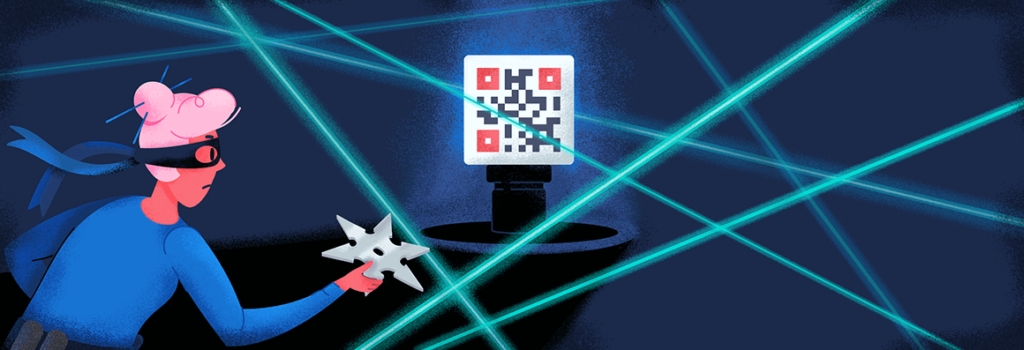 Person trying to break into a QR Code surrounded by lasers