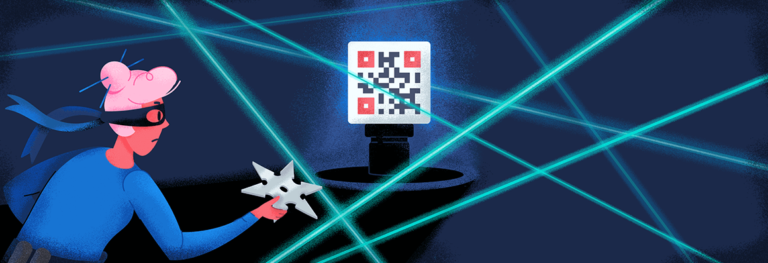 Person trying to break into a QR Code surrounded by lasers