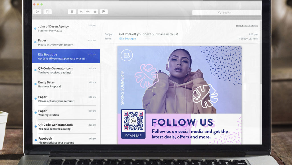 An example of a QR Code in an email to promote social media profiles