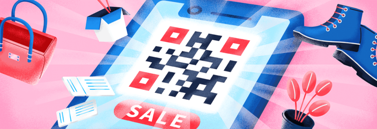 QR code on a screen with a "sale" label