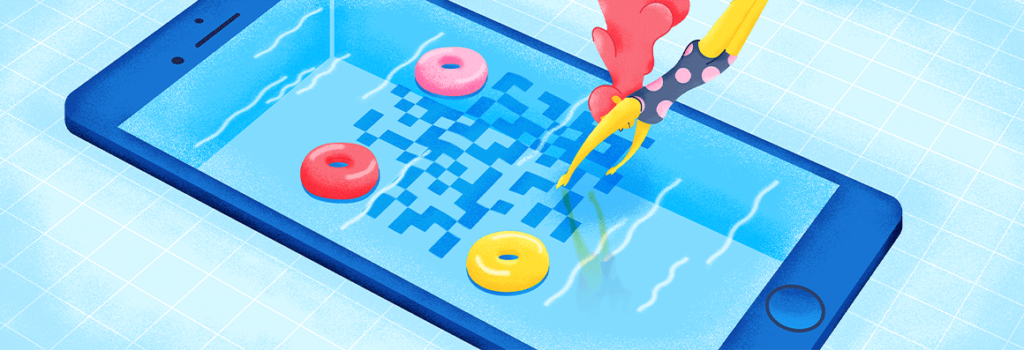 Robotic hand touching screen of smartphone with a QR code on it