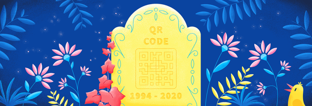 Illustration of a grave stone marked with QR Code and dates