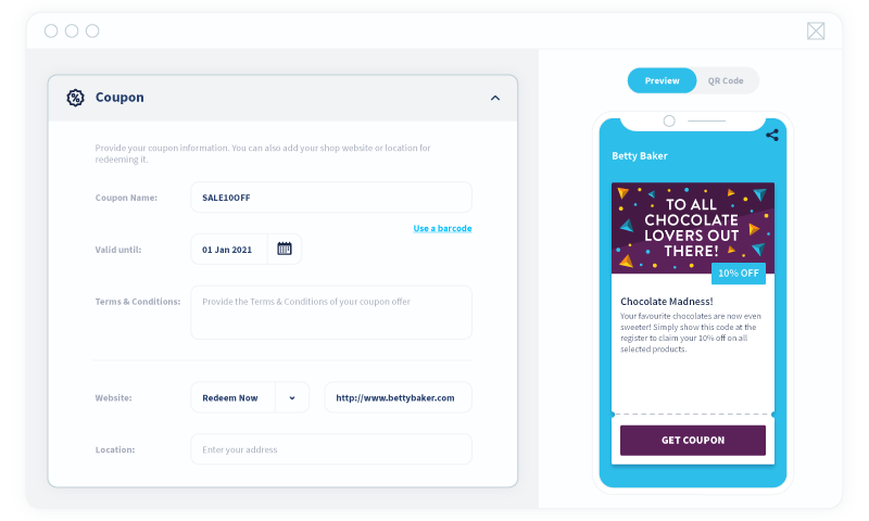 The coupon creation interface in QR Code Generator Pro and an example of the live landing page