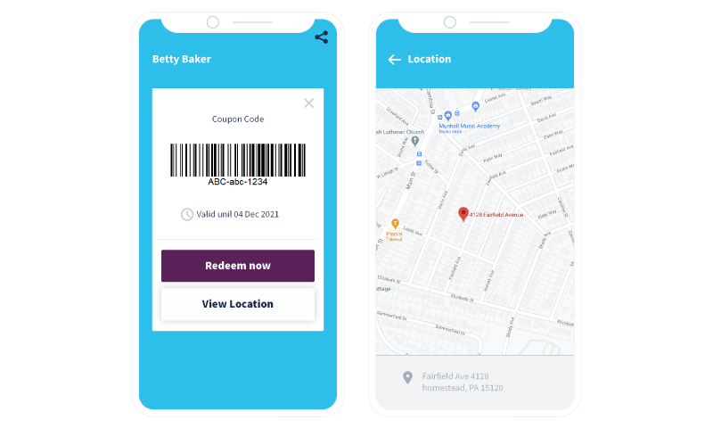 Betty Baker coupon landing-page with the option to redeem now or view location