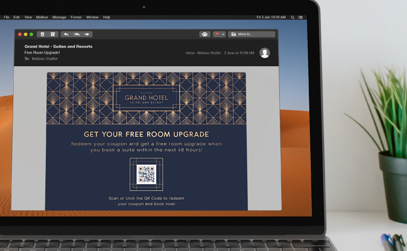 Coupon QR Code in a Hotel's email campaign prompting recipients to scan or click to redeem a free room upgrade