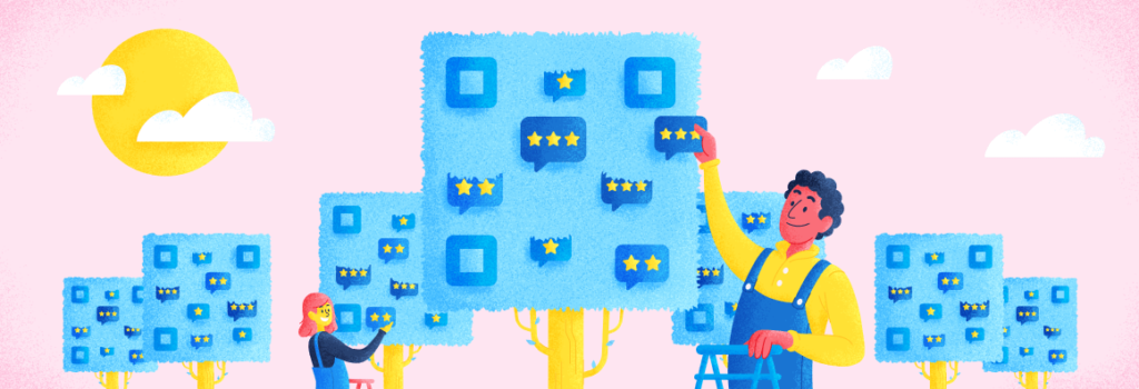 Man and woman designing QR Code patterns on trees