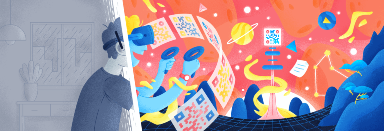 Boy looking through VR glasses at QR Codes and the universe.