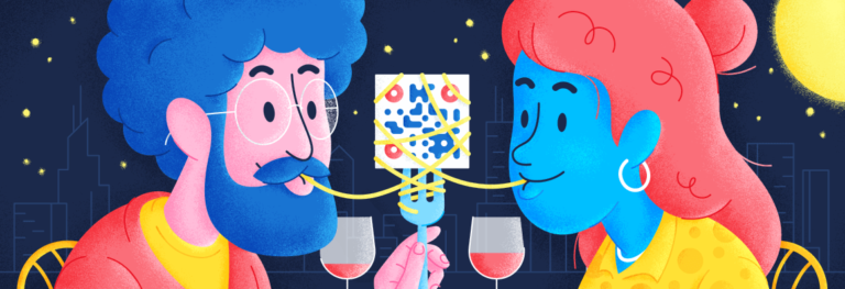Man and woman eating spaghetti with QR Code