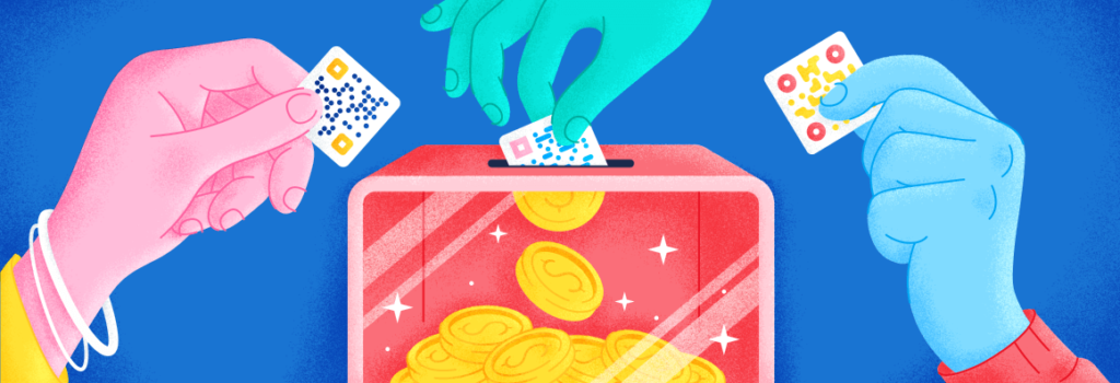 QR Codes being inserted into a money box.