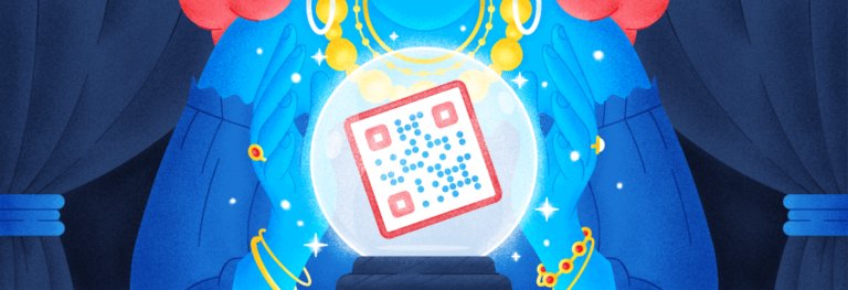 A fortune teller holding a magic glass bowl with QR Code.
