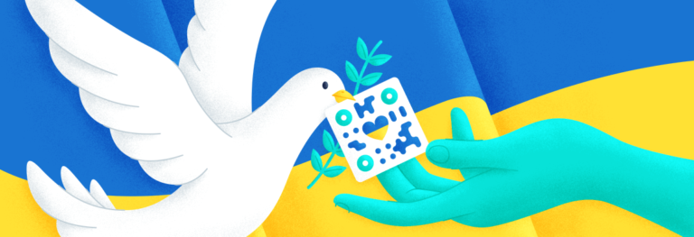 A white dove holding a QR Code in its beak, giving to to someone's hand.