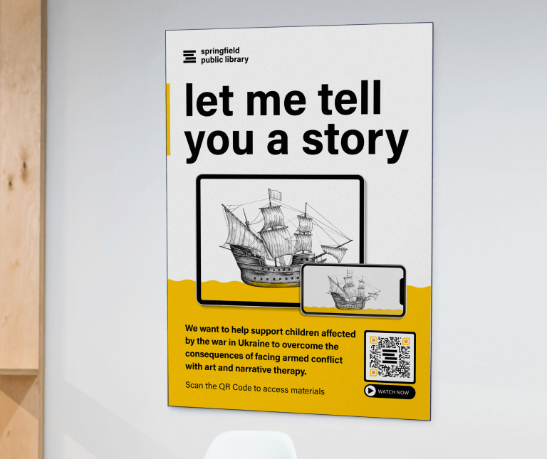A QR Code at a library providing materials for mental health support for children.