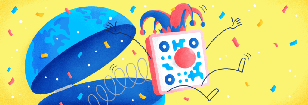 An illustration showing an QR Code jumping from a bowl in a festive manner.