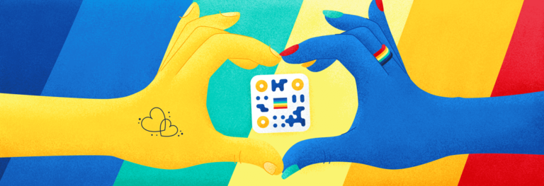 Two hands forming a heart around a QR Code with a rainbow background.