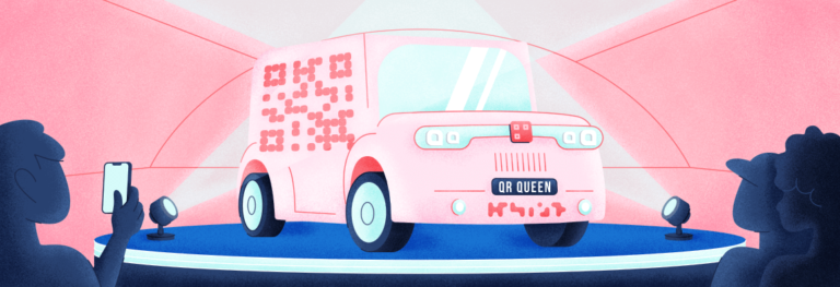 A pink car covered in a QR Code showcased in front of spectators scanning the QR Code. The car tag reads QR Queen.