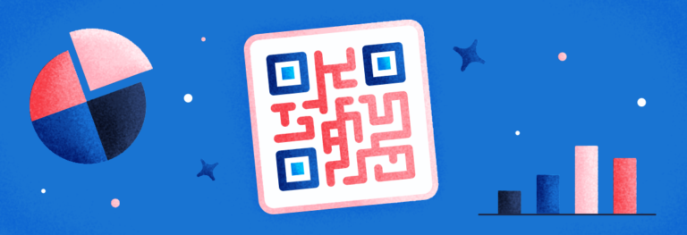 A blue background with a pie chart, a QR Code, and a graph in the foreground.