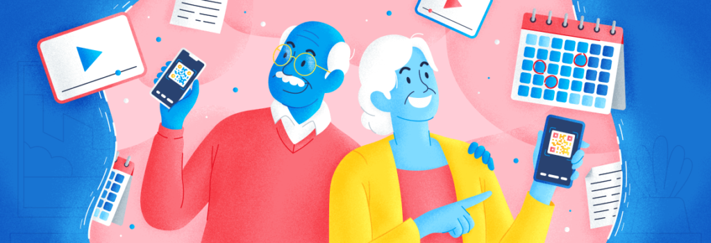 An illustration of two senior citizens holding smartphones surrounded by digital icons like a calendar and youtube videos.