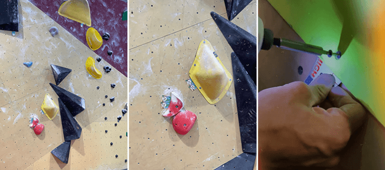 Three pictures where two show red and yellow boulder problems, and the third is a hand drilling into a place a label.